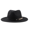 Classic black straw fedora hat with ethnic woven band and vintage metal rivet accent - M (56-58cm) / Black