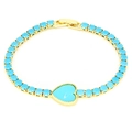 Detail of gold plated heart tennis bracelet with blue zircon and secure fold-over clasp - Sky Blue