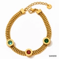 Gold stainless steel snake chain bracelet with colored gems and Roman numeral details - Gold Multicolor Zirconia (SAK890)