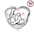 925 silver heart charm featuring woman and dog design with pink enamel heart accents - Me and My Puppy Charm 0299