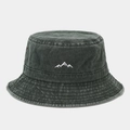 Detail of dark grey washed denim bucket hat with white mountain embroidery and vent holes - One Size / Army Green
