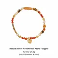 Handmade beaded bracelet with red natural stones, white pearls and gold heart charm - Natural Stone Freshwater Pearl Heart Bracelet XL-923-1