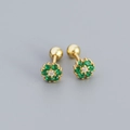 Elegant s925 silver flower stud earrings with green zircon and gold plating finish - Golden (Green Stone)