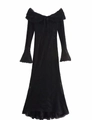 Detail von schwarzem Spitzenkleid mit elegantem schulterfreiem Ausschnitt und Trompetenärmeln - S / Schwarz
