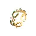 Gold XOXO open ring featuring green stone settings and white enamel detailing - XOXO Letters Style (J547-3)
