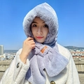 Close-up of thick light purple faux rabbit fur texture and FLY DADDY leather brand tag - Grey Blue - [No Ears]