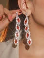 Elegant long silver wavy drop earrings featuring ruby red marquise stones and zircons - Red & White Marquise Tassel