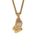 Hip hop 18K gold plated stainless steel praying hands pendant necklace with sparkly rhinestones - Praying Hands Iced Out Pendant Twine Chain / Gold