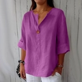 Camicia da donna in cotone e lino viola scuro con scollo a V e bottone singolo in legno - 3XL / Rosso Porpora (8001# Stile Manica 3/4)