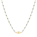 Détail du collier doré avec pendentif œil et perles turquoise sur une chaîne délicate - KD082-Mauvais Œil-Bleu Lac