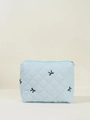 Quilted light blue cosmetic bag with black bow embroidery and zipper closure - Medium Insert Bag / Blue