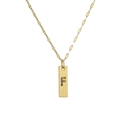 Detail of gold rectangular pendant featuring colorful rhinestone inlaid letter F on chain - Letter F