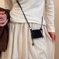 Miniature black velvet crossbody bag with dark wood beads and a thin rope strap - Black Frosted Leather Wood Bead Lanyard Mini Decorative Bag