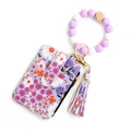 Purple floral leather card holder with matching tassel and beaded wristlet strap - Light Purple