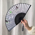Classical folding fan with rabbit pattern, black bamboo frame and grey silk tassel - Grey-White Gradient Rabbit Tower Cherry Blossom Style (One Smile Women's Fan-97)