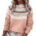 Pink crew neck knit sweater for women featuring geometric jacquard patterns and ribbed cuffs - 3XL / Tops / Orange (9122#)