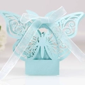 Light blue laser-cut butterfly wedding favor box with a delicate white ribbon bow - Pearl Pale Blue