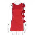 Close-up of 3D handmade roses and satin fabric on a red backless cocktail dress - S / Red