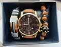 Men's gold watch with leather strap and beaded bracelets in a black luxury gift box set - Gold Case Brown Strap