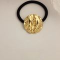 Elastic hair tie with a textured gold hammer-tone metal ornament in minimalist style - Round Embossed Pattern Gold