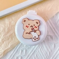 Portable white folding hairbrush with a cute brown 3D bear drinking pearl milk tea design - Drinking Bear (Round Comb)