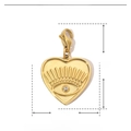 Macro shot of gold heart pendant with lobster clasp and detailed size parameters - YF098 Gold Radiant Evil Eye Heart (29x18mm)