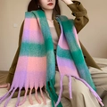Écharpe à carreaux rose, violet et vert avec franges pour femmes en hiver - 29# Rose Violet Vert Grand Carreaux