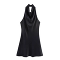Mini abito elegante in raso nero allacciato al collo con scollo drappeggiato e schiena scoperta - XS / Nero