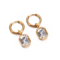 Golden earrings featuring emerald-cut clear crystal pendants with circular hoops - Gold White