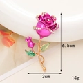 Detail view of pink rose brooch with rhinestones showing 6.5cm height and 3cm width dimensions - D708 Short Purple Rose
