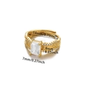 Detail shot of gold ring with 9x7mm rectangle zircon and size measurement data - Rectangular Zircon Feather Texture / Gold