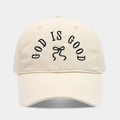 Detailed embroidery of 'GOD IS GOOD' and a bow on a beige cotton baseball cap - Adjustable / Beige