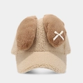 Gorra de béisbol de felpa caqui con orejas de conejo marrones y un pequeño lazo blanco - M (56-58cm) / Caqui claro