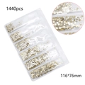 Detailed view of 1440pcs K9 crystal flatback rhinestones in clear 116x76mm packaging - Gold White