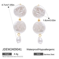 Waterproof stainless steel drop earrings with white acrylic pearl buttons and gold accents - Stainless Steel Pearl Style Long Drop Earrings (JDEW2409041)