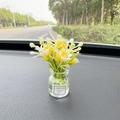 Car glass vase ornament with yellow and white faux flowers and liquid on dashboard - Yellow Bell Flower