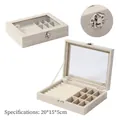 Cream velvet jewelry box with 20x15x5cm glass lid for rings and earrings storage - 9 Slots / Beige