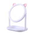 Cute white desktop makeup mirror with pink cat ears and a convenient storage base tray - Base Style / Cat Ear / White