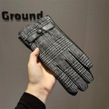 Men's winter grey plaid wool gloves with black leather trim and button detail - S075 Black White Brown Plaid With Leather Buckle