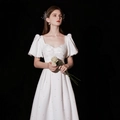 Elegant white square neck dress with puff sleeves and pearl accents for engagement - US 2 / Princess White Long