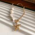 Bohemian gold chain bracelet with natural shells, starfish charm and white pearl - 25# Necklace - Gold Starfish