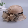 Cappello da sole elegante in organza con grande fiocco da donna color champagne - Taglia unica / Cachi