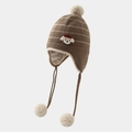Detailed knit texture of a brown striped baby earflap hat with cute puppy patch - 3-7 Years / Brown