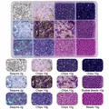 12-grid purple nail art kit with sequins, crushed stones, pearls and bubble beads - Purple