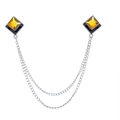 Elegant geometric brooch with amber square stones and silver chain tassels for shirts - Yellow (Silver Base)