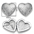 Silver stainless steel heart locket with floral engravings and interior dimensions shown - A55-Large Floral Relief