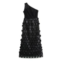 Sexy schwarzes One-Shoulder-Maxikleid mit 3D-Blütenakzenten und runden Strukturdetails - XS / Schwarz