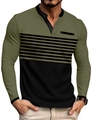 Détail du t-shirt Henley vert armée et noir avec des rayures sur la poitrine - S / Vert Militaire