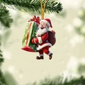 Detail of 3D Santa Claus ornament with green gift bag hanging on a Christmas tree branch - Green Polka Dot Gift Bag Style (6)