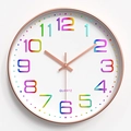 Detailed view of 3D rainbow numerals and rose gold hands on 30cm modern wall clock - Style L Rainbow Rose Gold Frame / 12 Inch